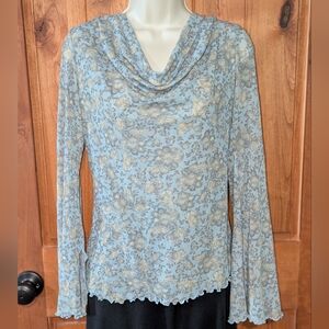 Sweet Pea Blue and Tan Relaxed Blouse with‎ Cowl Neck
